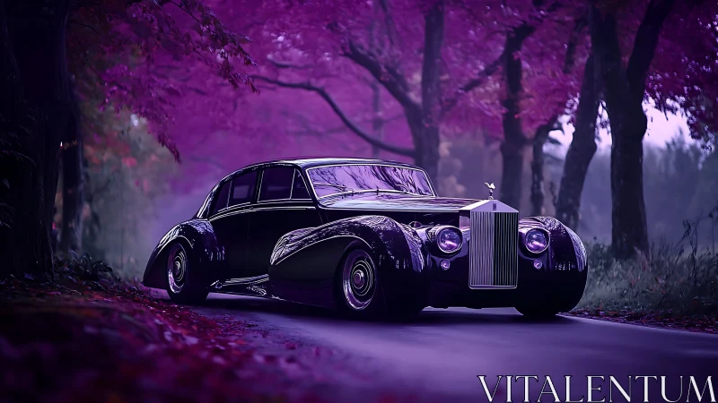 Vintage luxury sedan parked on road under purple trees