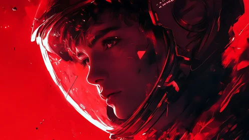 Crimson-lit astronaut portrait with reflective visor glow.