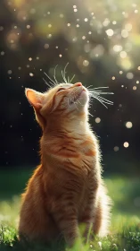 Orange tabby cat in backlit outdoor scene with bokeh.