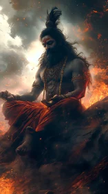 Mythic ascetic meditates amid volumetric fire and storm clouds