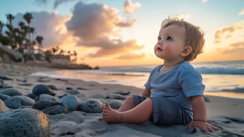 Toddler gazes seaward at golden hour beach.