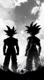 Two anime warriors share a quiet moment beneath bright skies.