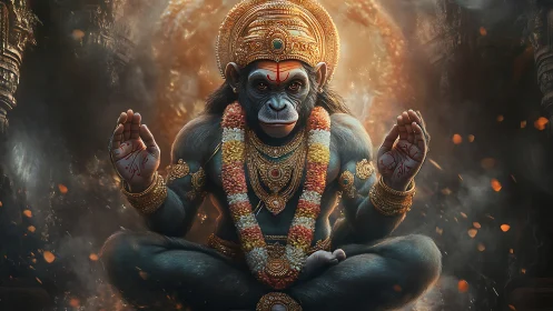 Serene monkey deity offers calm blessings in glowing temple