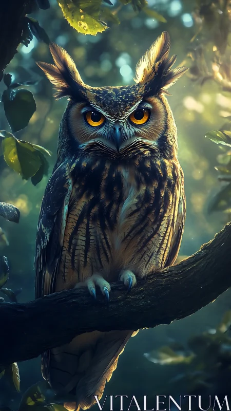 Moonlit forest sentinel with ember-bright owl eyes poised.