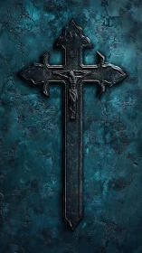 Weathered crucifix rests against textured teal stone wall