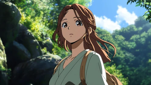 Young person stands in forested landscape under daylight