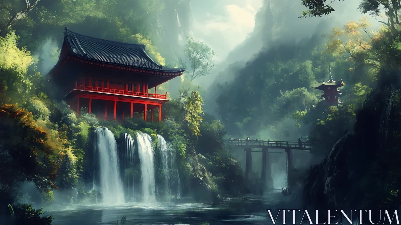 Crimson cliffside temple humming above whispering waterfalls.