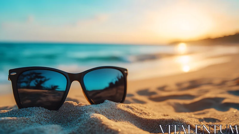 Sunglasses on sandy beach shoreline at calm ocean sunset.