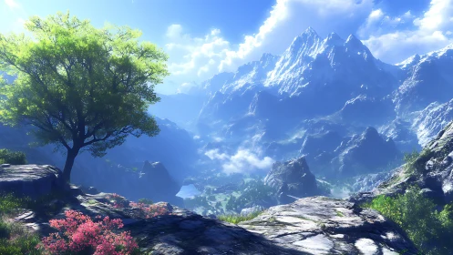 Sunlit mountain valley unfolds beneath solitary green tree.