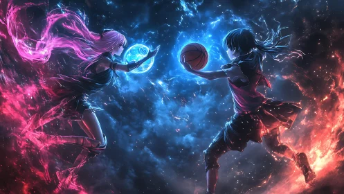 Dual elemental anime athletes suspended in cosmic confrontation