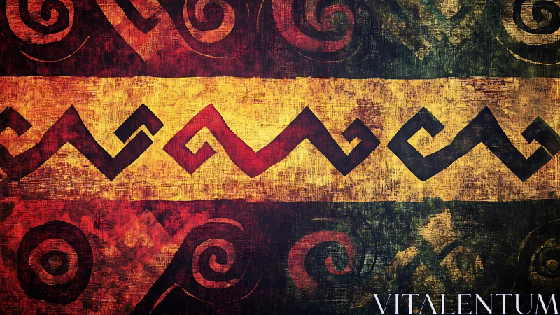 Grunge tribal zigzag border with spiral motifs in warm palette