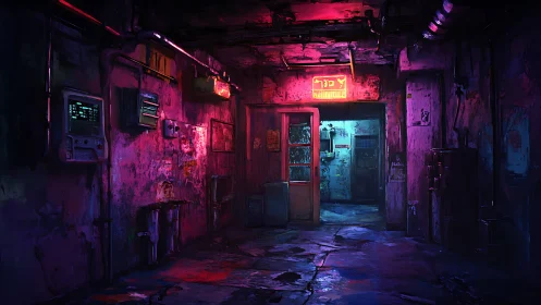 Neon-soaked cyberpunk corridor with decayed industrial doorways.