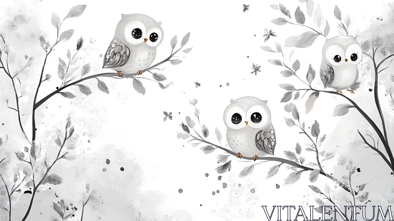 Three Cute Cartoon Owls on Branches in Watercolor Style Illustration.