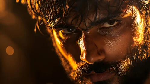 Close male face in low key lighting with golden rim light.