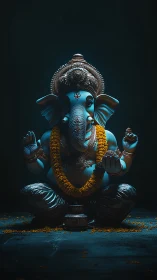 Blue Ganesha idol sits centered with garland and offerings