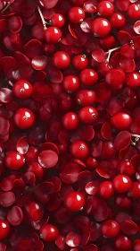 Crimson cranberries and petals in glossy macro abstraction.