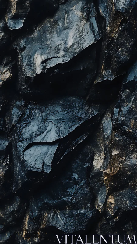 Dark textured rock wall glistens with rugged metallic sheen.