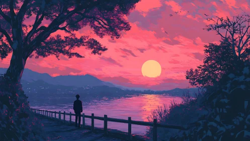 Solitary dreamer beneath neon dusk over quiet river path.