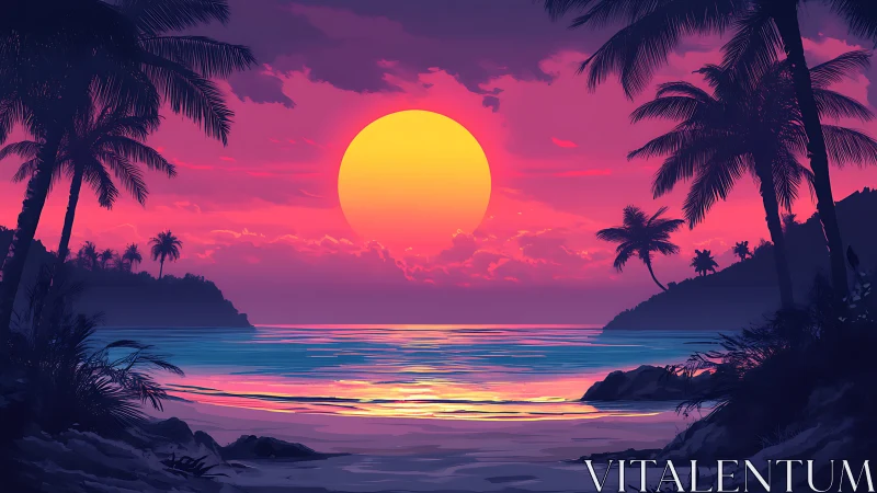 Tropical shoreline under stylized sunset with palm silhouettes.