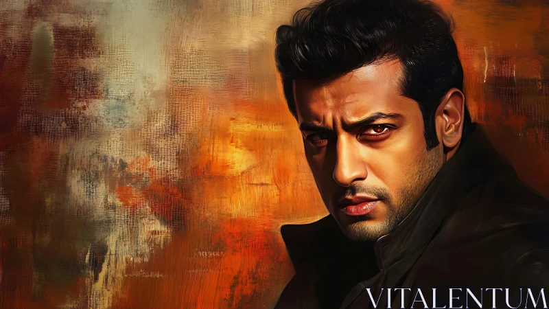 Intense male portrait over textured orange abstract background.