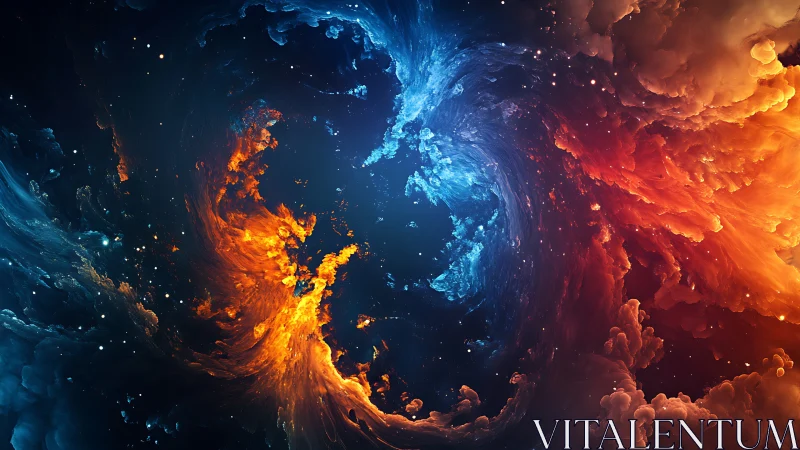 Celestial fire and frost collide in a swirling cosmic vortex.