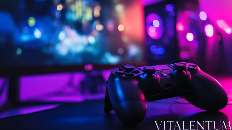 Neon-soaked game controller basking in dreamy bokeh glow.