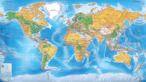 Political relief world map highlights continents and oceans