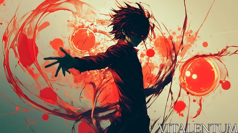 Energetic anime caster manipulating dual crimson orbs dynamically.