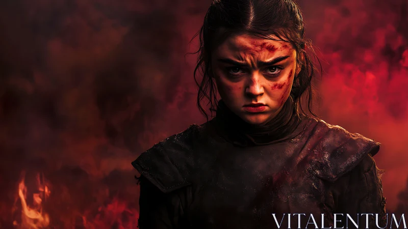 Battle-hardened warrior girl framed by burning red smoke