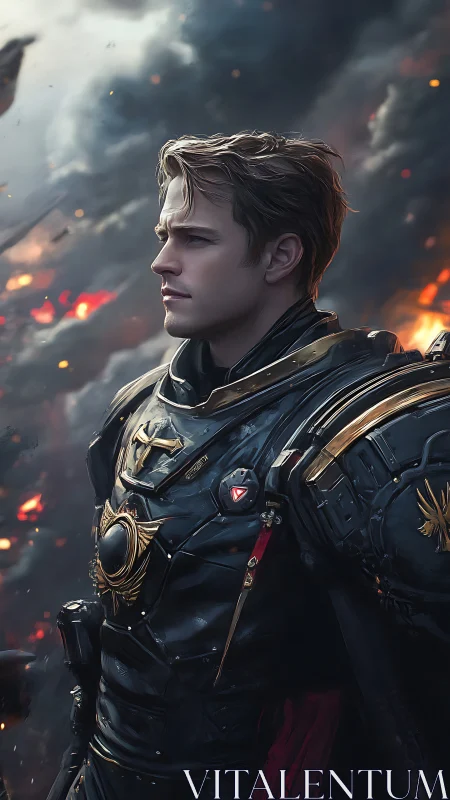 War-torn paladin in ornate black armor amid blazing sky.
