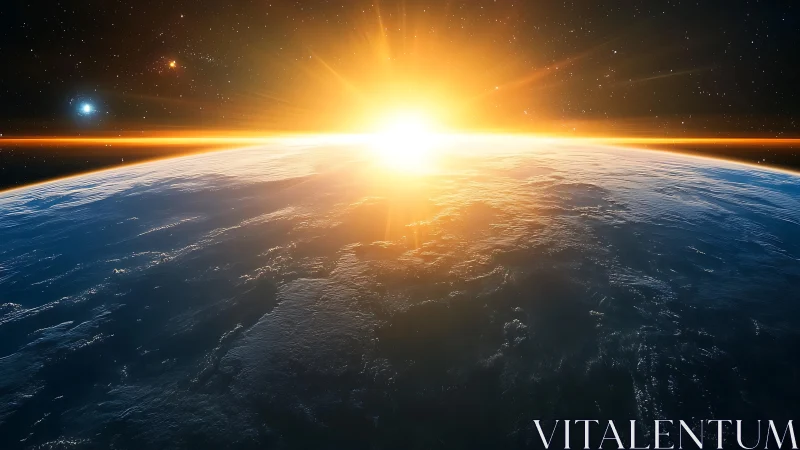 Solar dawn over Earth horizon with radiant starfield glow.