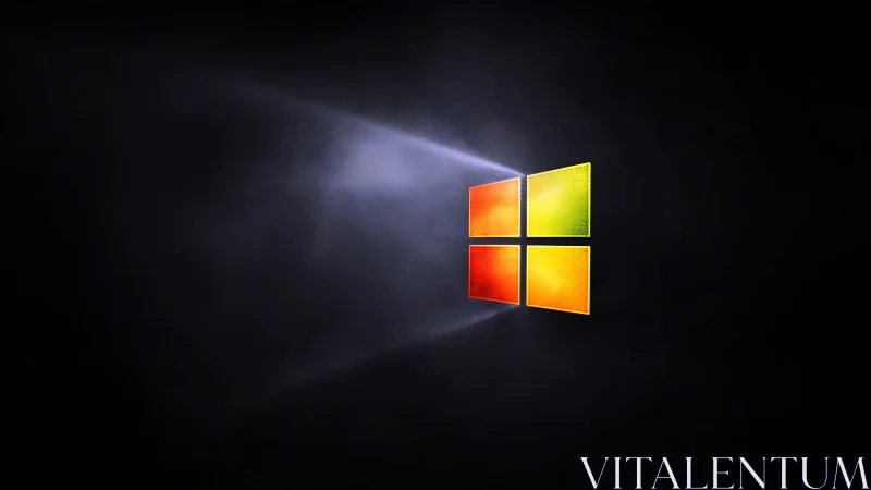 Glowing colorful window logo shining through soft darkness.