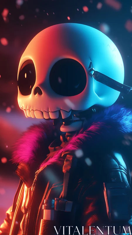 Stylized skull character in neon coat and winter gear.