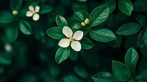 Quiet white blossom resting in a sea of deep green leaves.
