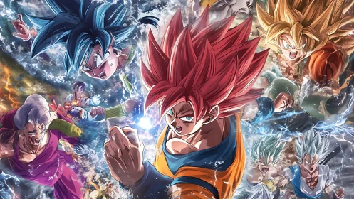 Multiple energy-charged anime fighters in dynamic formation.