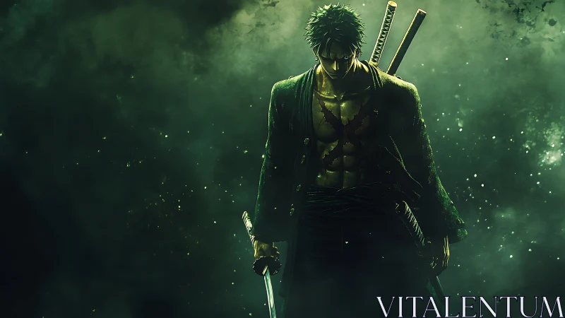 Sword-worn warrior walks through emerald stormlight haze.