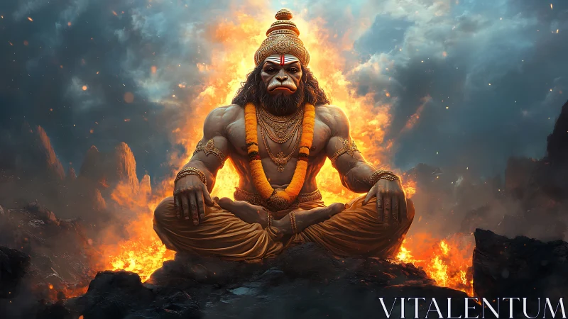 Simian deity figure in seated pose before fiery backdrop.