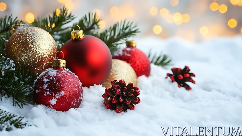 Cozy Christmas ornaments resting in softly falling snow.