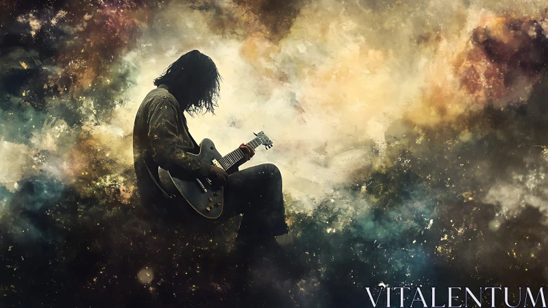 Silhouetted guitarist in cosmic haze digital painting study.