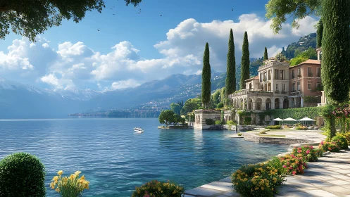 Sunlit lakeside villa leans into mountains and drifting clouds