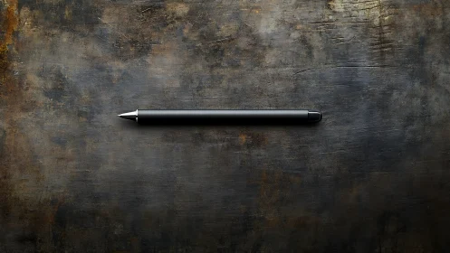 Black stylus pen lies horizontally on a textured metal surface