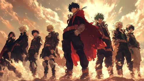 Heroic anime squad stands against storm lit horizon