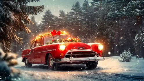 Vintage red Christmas car glows through a snowy forest night.