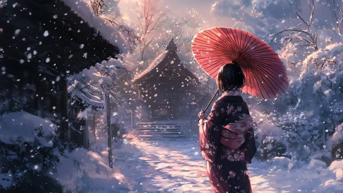 Backlit snowfall illuminates kimono figure beneath red wagasa