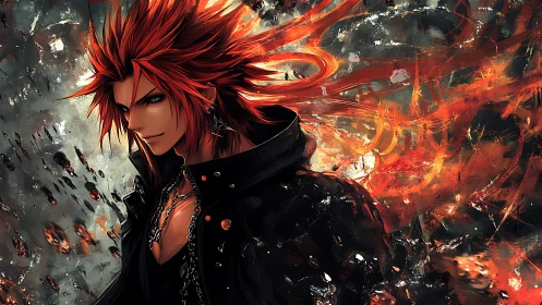 Fiery anime hero walks through swirling sparks with calm power