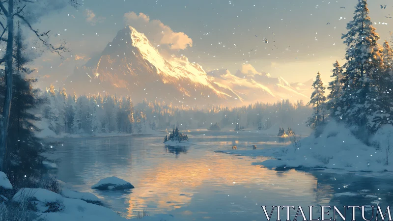 Snowflakes drift while sunrise paints a quiet alpine river