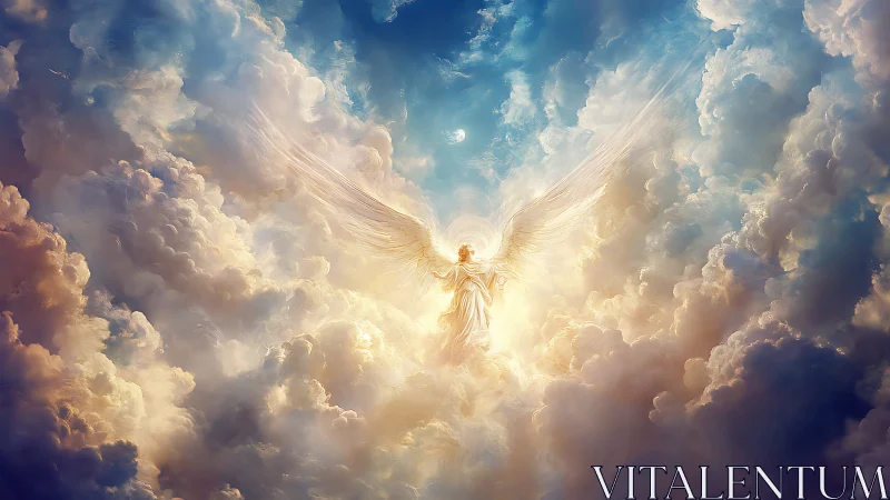 Celestial angelic figure radiating light within luminous clouds.