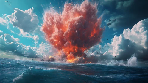 Fiery ocean blast erupts beneath towering storm clouds.