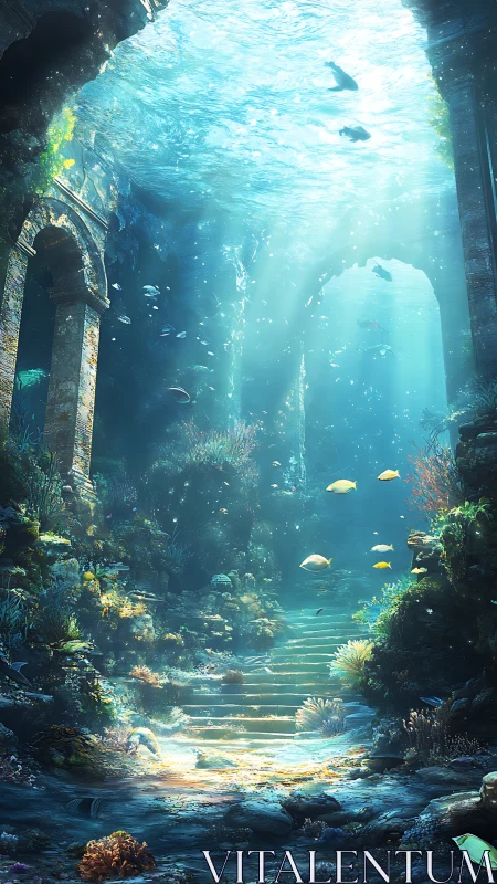 Sunlit underwater ruins with coral steps and arches.