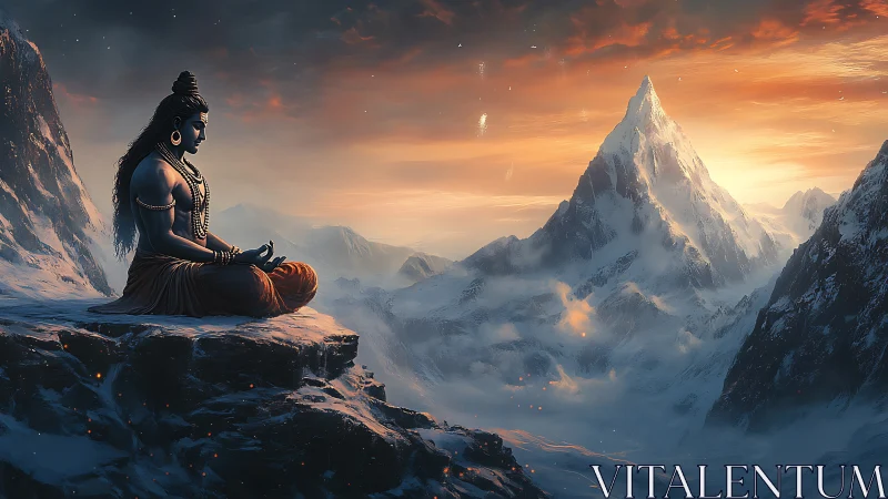 Divine ascetic meditating on glacial ridge at incandescent dawn.